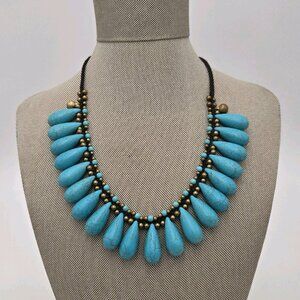 Brass Turquoise 18 Inch Large‎ Stone Beaded Necklace Heavy Bells Blue Gold Tone